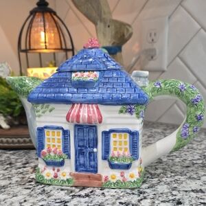 Charming Blue Roof Cottage Teapot - Floral Accent